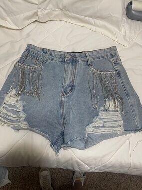 Light Blue Distressed Denim Shorts with Rhinestone Fringe